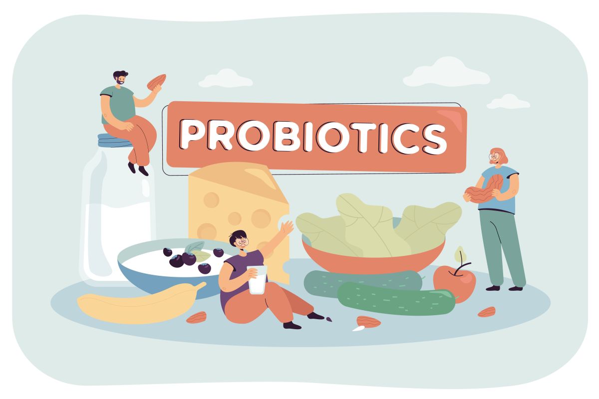 Probiotikumok és probiotikumokban gazdag étrend illusztráció